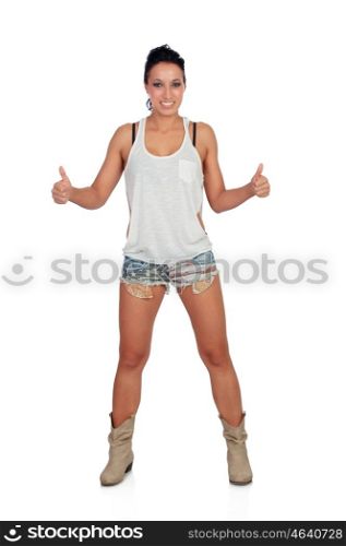 Sexy woman with jeans short an boots isolated on a white background&#xA;