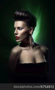 sexy woman with red lips in green light