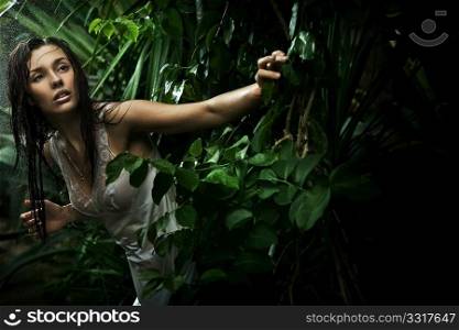 Sexy young brunette beauty in a rain forest
