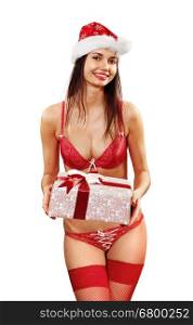 sexy young Santa-girl in red bikini with present isolated on white