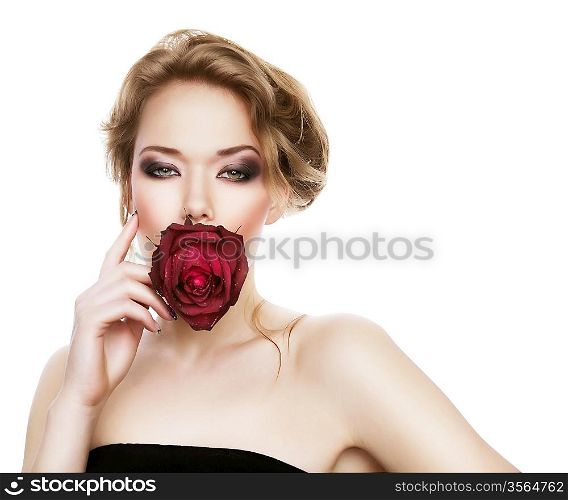 sexy young woman and rose on white background