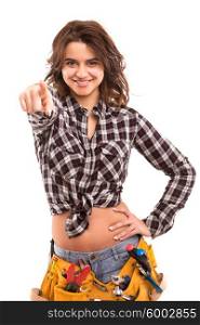 Sexy young woman construction worker pointing at you