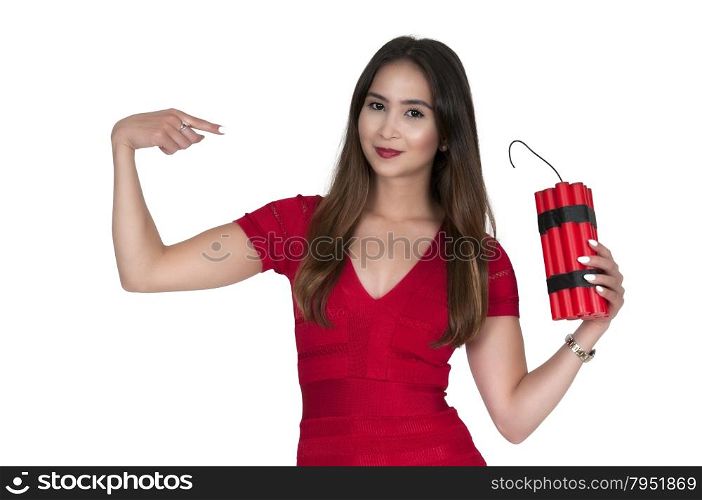 Sexy young woman holding sticks of dynamite