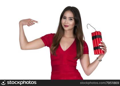Sexy young woman holding sticks of dynamite