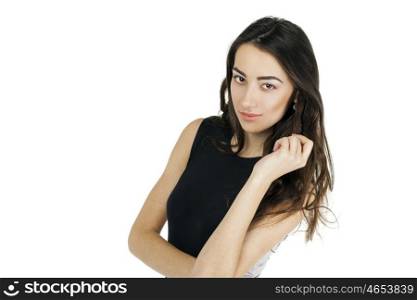 Sexy young woman in evening black dress, isolated on white