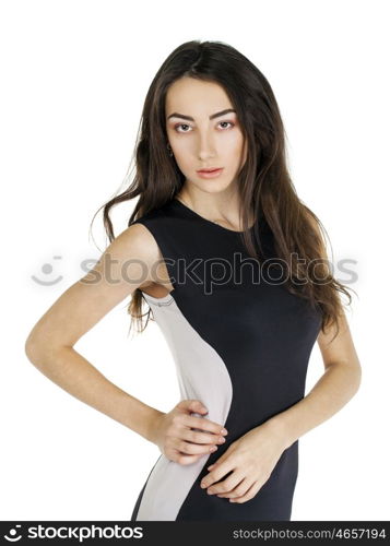 Sexy young woman in evening black dress, isolated on white