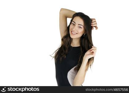 Sexy young woman in evening black dress, isolated on white
