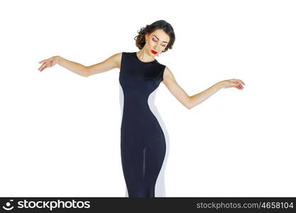 Sexy young woman in long evening dress, isolated on white