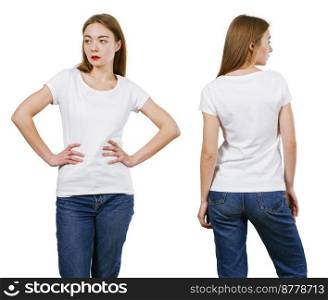 Sexy young woman wearing jeans and blank white shirt, front and back.