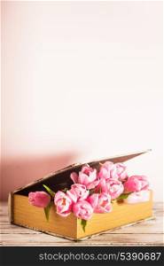 Shabby chic decoration - pink tulips in vintage book with copy space