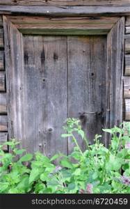 Shabby door of abandoned barn in remote Russian village