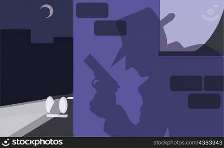 Shadow of a detective with a gun at night