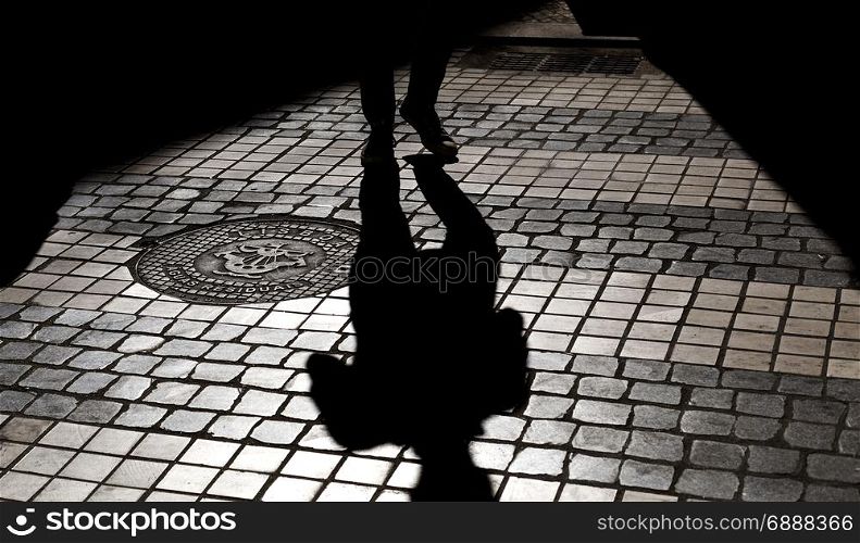 Shadow of a person walking on the traditional cobblestones of a street in Lisbon, Portugal