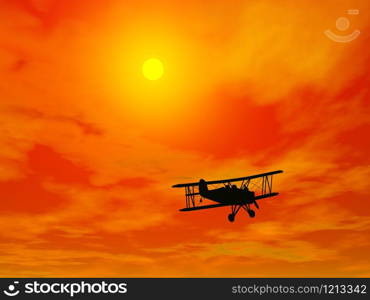 Shadow of a small biplan flying in red sunset sky