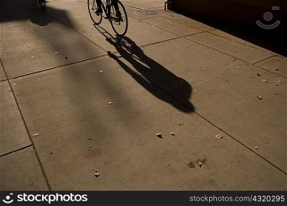 Shadow of person riding bicycle on pavement
