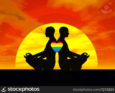 Shadow of two men back to back in lotus meditating posture by sunset, one rainbow color heart upon them