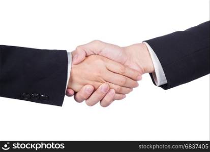 shaking hand between businessman and businesswoman isolated on white background