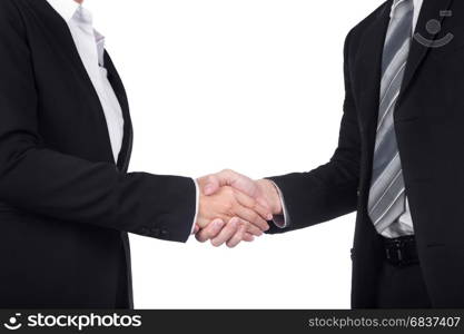 shaking hand between businessman and businesswoman isolated on white background