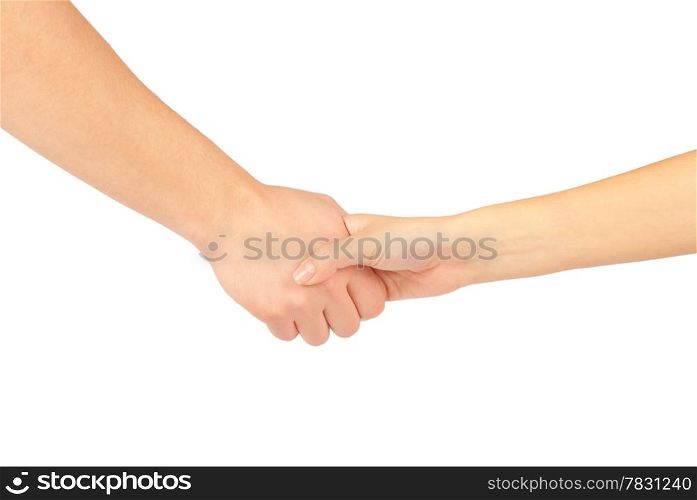Shaking hands of two people, man and woman, isolated on white.