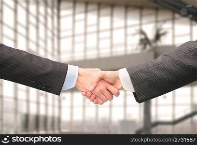 shaking hands with wrists in hall of business center