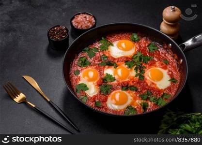 Shakshuka, a dish with fried eggs with tomato sauce, sweet pepper, garlic, onions, spices and herbs. Hearty and delicious breakfast. Shakshuka, a dish with fried eggs with tomato sauce, sweet pepper, garlic, onions, spices and herbs