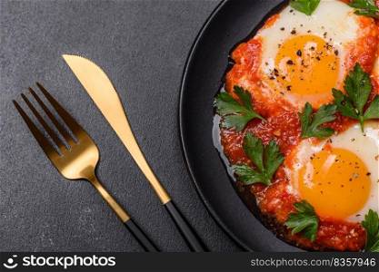 Shakshuka, a dish with fried eggs with tomato sauce, sweet pepper, garlic, onions, spices and herbs. Hearty and delicious breakfast. Shakshuka, a dish with fried eggs with tomato sauce, sweet pepper, garlic, onions, spices and herbs