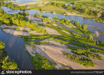 shallow and braided South Platte River in Nebraska at Brule, aerial view in summer scenery