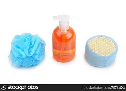 shampoo and sponge isolated on white background