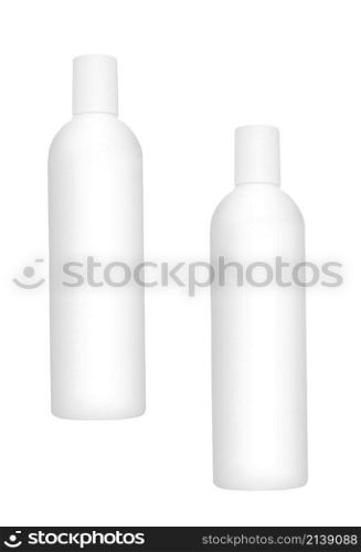 Shampoo, Gel Or Lotion White Plastic Bottles isolated. Shampoo, Gel Or Lotion White Plastic Bottles