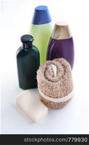 shampoos with a washcloth and soap on white background