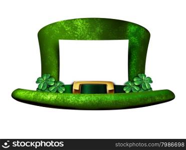 Shamrock hat blank sign belonging to a Leprechaun as a white banner with a green lucky top as a classic St Patricks day symbol and luck icon of Irish tradition celebration with magical four leaf clover decorations.