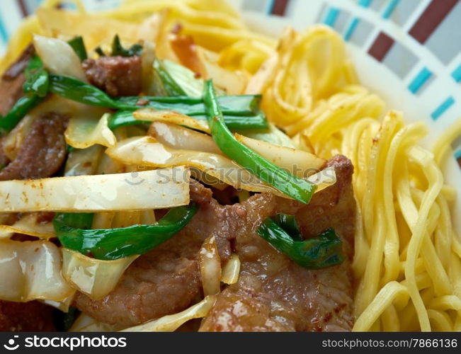 Shanghai Noodles - style fried noodles with meats and mixed vegetables