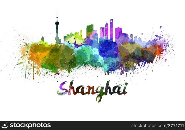 Shanghai skyline in watercolor splatters with clipping path. Shanghai skyline in watercolor