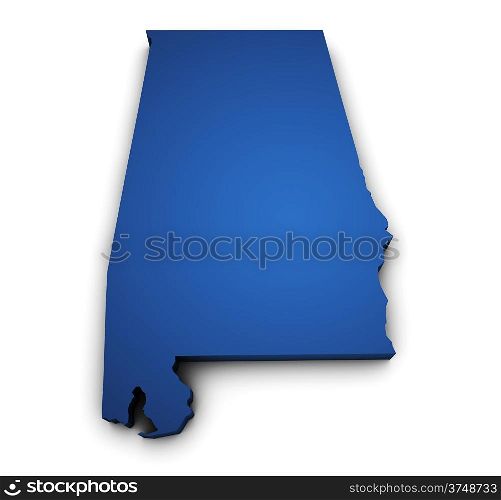 Shape 3d of Alabama State map colored in blue and isolated on white background.