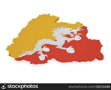 Shape 3d of Bhutan map with flag isolated on white background.