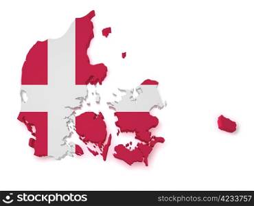 Shape 3d of Danish flag and map isolated on white background.
