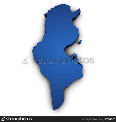 Shape 3d of Tunisia map colored in blue and isolated on white background.