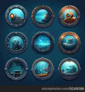 shape porthole window game ai generated. yacht , round ship, metal background shape porthole window game illustration. shape porthole window game ai generated