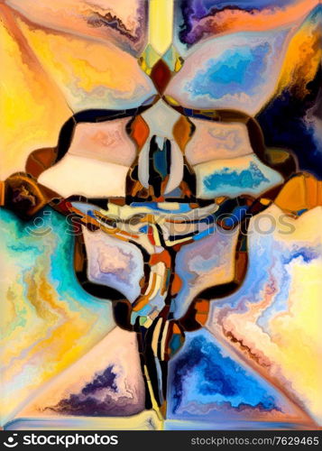 Shards of Light. Cross of Stained Glass series. Image of organic church window color pattern in conceptual relevance to fragmented unity of Crucifixion of Christ and Nature