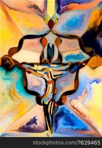 Shards of Light. Cross of Stained Glass series. Image of organic church window color pattern in conceptual relevance to fragmented unity of Crucifixion of Christ and Nature