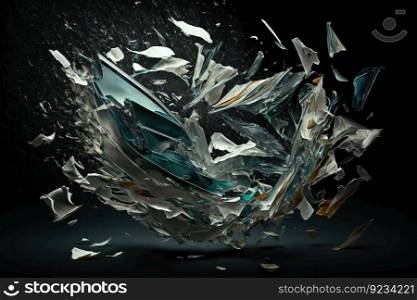 Shards of shiny glass and ice in flight, isolate, black background. Header banner mockup with copy space. AI generated. Shards of shiny glass and ice in flight, isolate, black background. AI generated