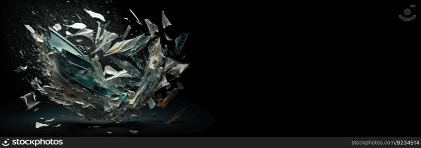 Shards of shiny glass and ice in flight, isolate, black background. Header banner mockup with copy space. AI generated. Shards of shiny glass and ice in flight, isolate, black background. AI generated