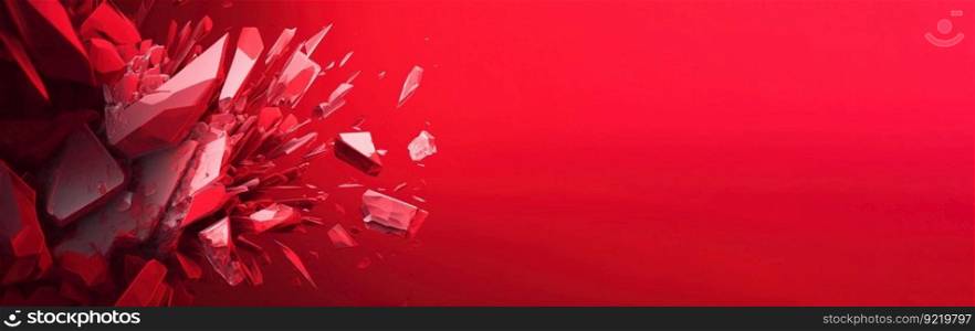 Shards of shiny glass and ice in flight, isolate, red background. Header banner mockup with copy space. AI generated. Shards of shiny glass and ice in flight, isolate, red background. AI generated