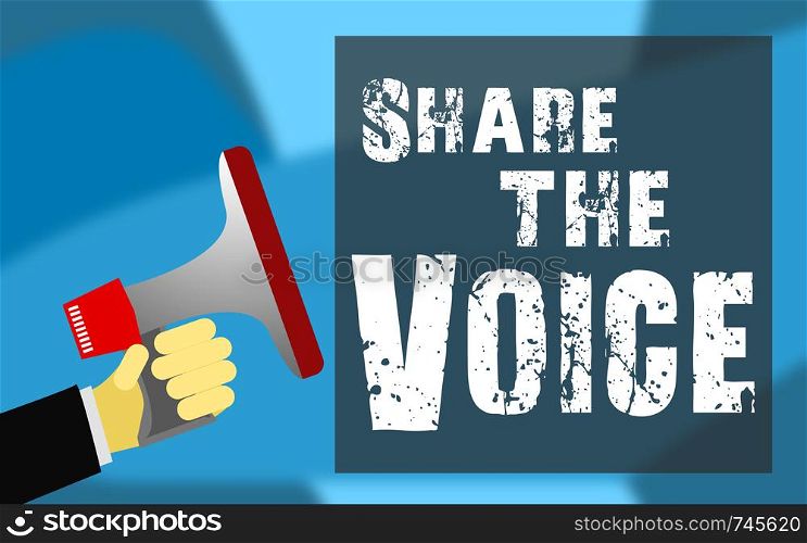 Share the voice word with megaphone icon, 3D rendering