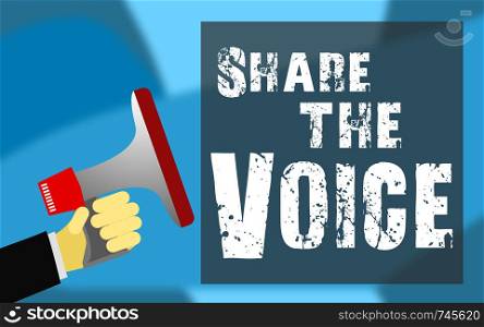 Share the voice word with megaphone icon, 3D rendering