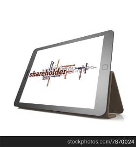 Shareholder word cloud on tablet image with hi-res rendered artwork that could be used for any graphic design.. Shareholder word cloud on tablet