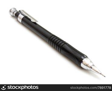 Sharp black mechanical pencil, over white background.