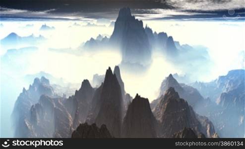 Sharp peaks of high mountains rise above the thick white luminous mist that rises from the crevices. Above the horizon and dark sky slowly floating clouds. The camera quickly flies over the mountains.