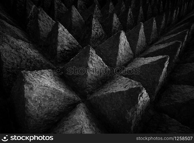 Sharp tip concrete architecture texture background. Art picture of unique pattern of dark stone carving in pointed triangle shape. Concept of obstacle in work or living. Rough texture of concrete wall