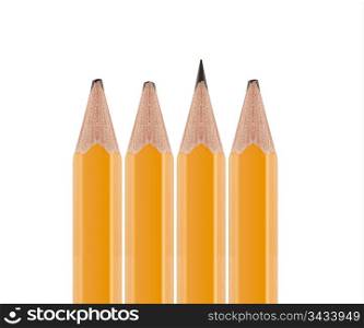 Sharpened pencil flipped in group of broken ones isolated on white background